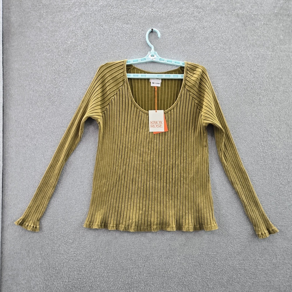 Knox Rose Women Shirt L Olive Striped Ribbed Scoop Neck Pullover NWT
